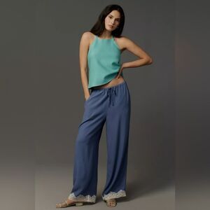 NWT Anthropologie Blue Lace-Trim Viscose Silky Pull-On Pants Size L
